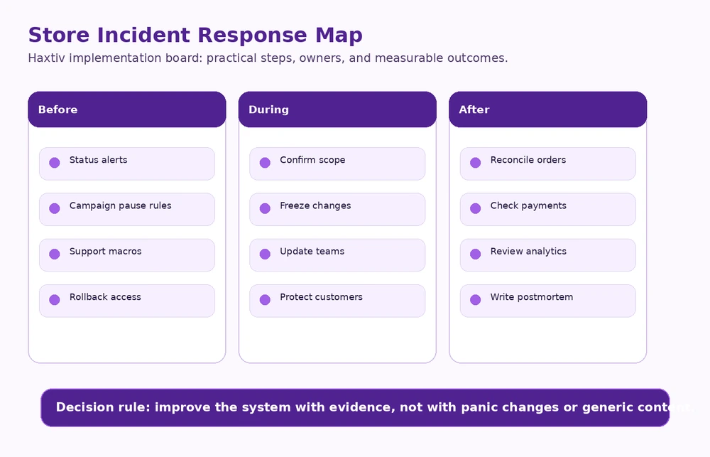 Three-phase ecommerce incident response checklist for Shopify and WooCommerce stores